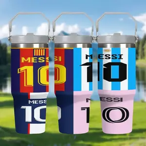 1pc 30oz Stainless Steel Thermos Mug, featuring a design of Messi's #10 jersey from three legendary teams, with a handle and straw. Perfect for coffee, tea, and cold drinks. A personalized birthday/holiday gift, ideal for outdoor camping