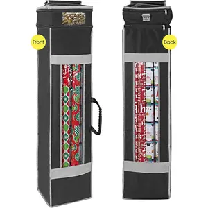 Holiday Wrapping Paper Storage Organizer Bag with Pocket, Handles and Hanging Loop, Heavy Duty Material with Clear Window, 47 X 10 X 10 Inch Fits 40 Inch Long Rolls, Black, 1 Count