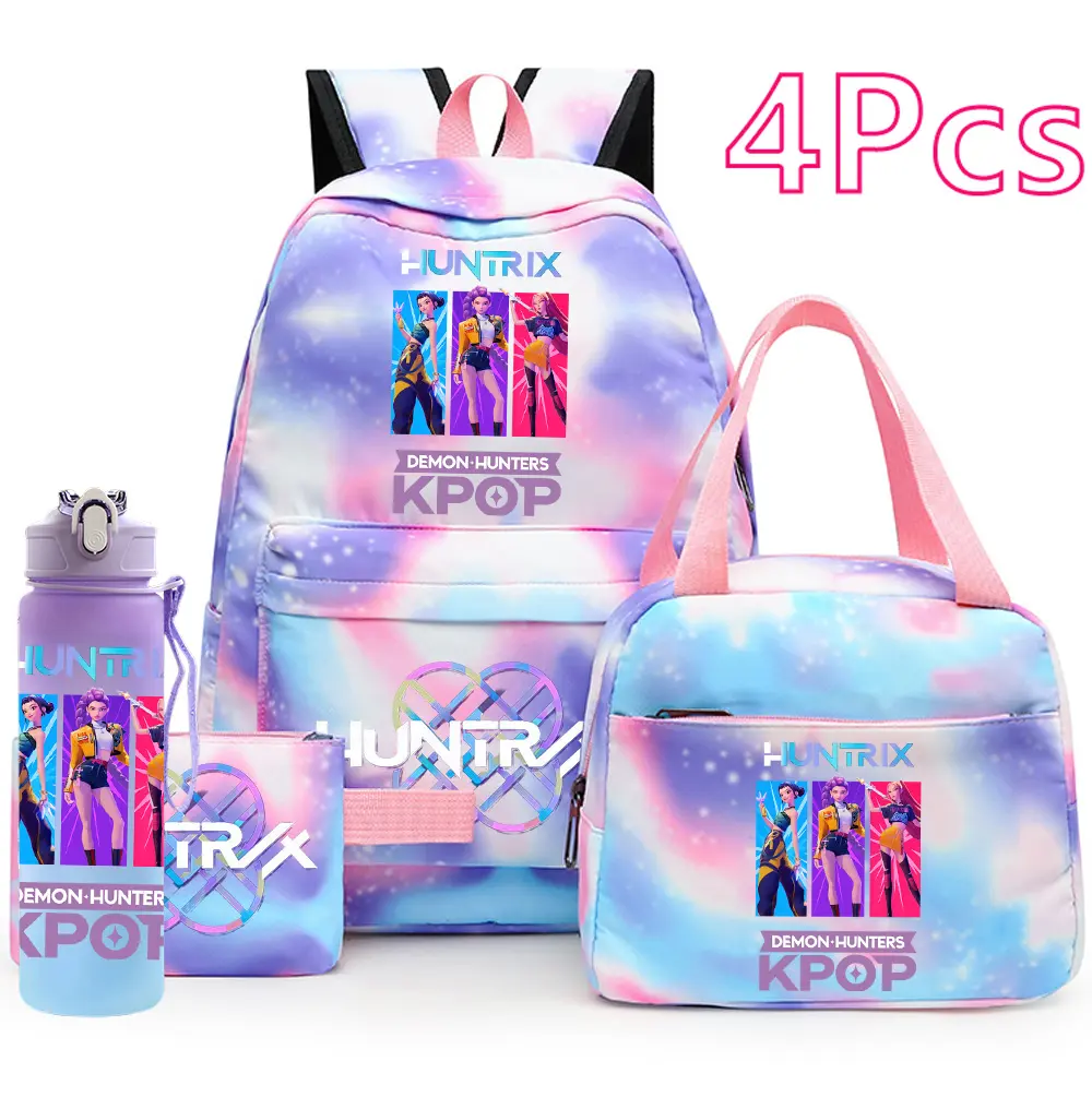 4PCS K-Pop Demon Hunters Backpack Set for Kids, Girls & Teens – Cute Pink Anime School Backpack with Lunch Bag, Pencil Case & Water Bottle