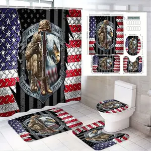 1/4pcs Patriotic Military Bathroom Set, Shower Curtain Sets with Soldier Eagle American Flag 'Never Forget Freedom Is Never Free', 2 Bath Mats, Toilet Seat Cover, Bidet & Toilet Paper Holder Covers, Red White Blue Home Decor for Veterans Day, 4th
