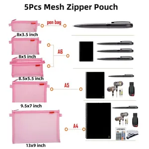 5pcs Mesh Zipper Pouch Bag, Lightweight Nylon File Folders Document Organizer Cosmetic Bags Accessories Storage for Travel and Office Supplies(Pink, A4 A5 A6), Car Interior Accessories Set Smooth Pink-5 Sizes