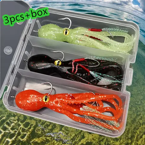 Octopus Shaped Fishing Lure, 3 Counts/box Soft Fishing Bait with Hook, Fake Fishing Lure with Box, Artificial Fishing Lure, Outdoor Fishing Accessories, Fishing Equipment, Fishing Gear, Fishing Lures Kit, Fishing Lure Set, Fishing Supplies