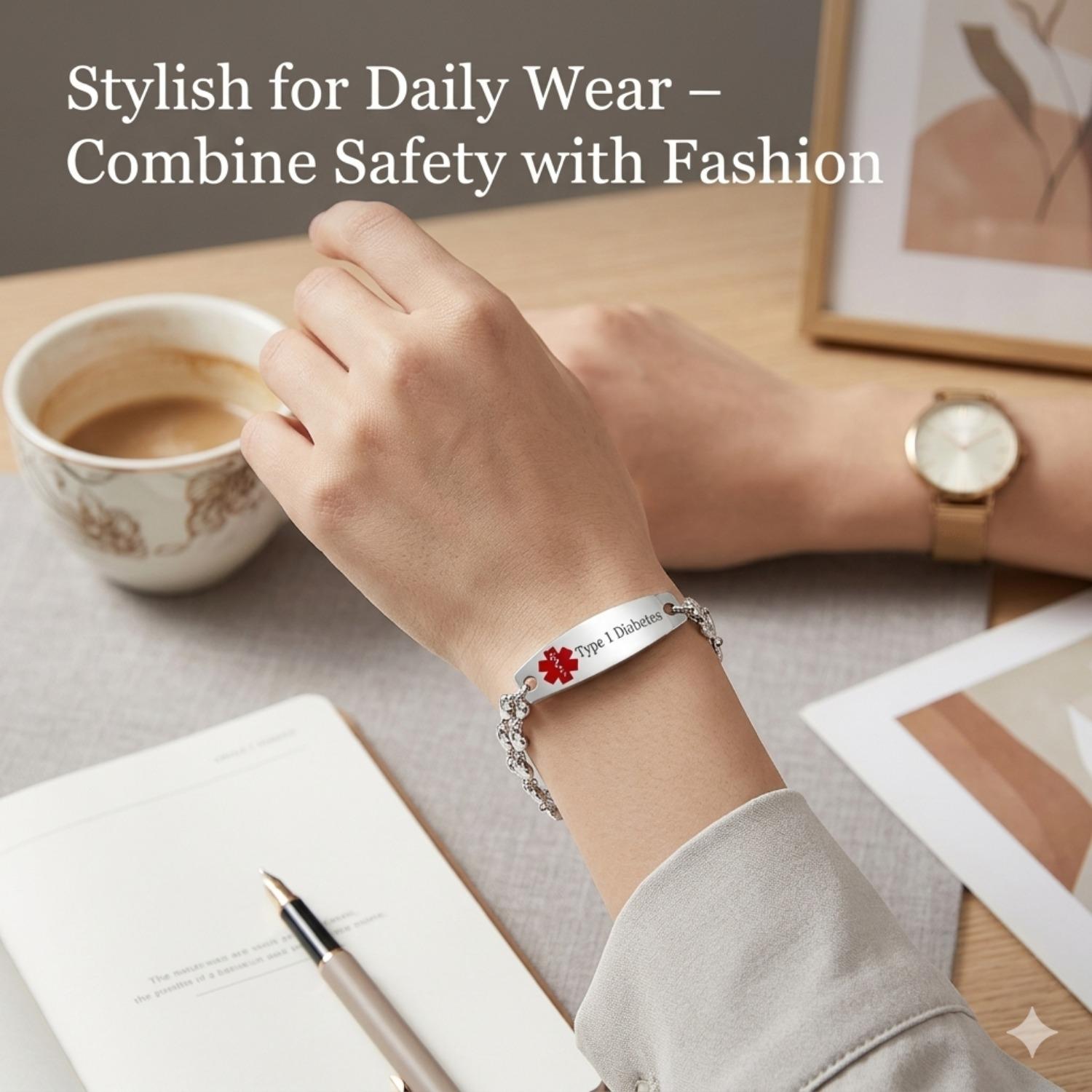 Uloveido Heart ID Bracelet for Women, Double Chain Wristband with Emergency Info Access, Elegant Safety Jewelry for Daily Wear