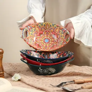 Bohemian Ceramic Salad Bowl, Serving Bowl, Ceramic Pasta Bowls, Halloween Christmas Gift, Oval with Dual Handles, Microwave and Oven Safe, Stackable Patterned Dish