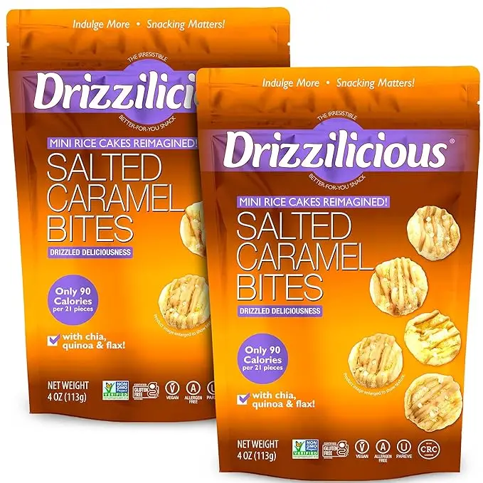 Drizzilicious Salted Caramel Mini Rice Cakes - Vegan, Gluten-Free, Crunchy & Healthy Snack, 90 Calories per Serving, 4 oz (Pack of 2)