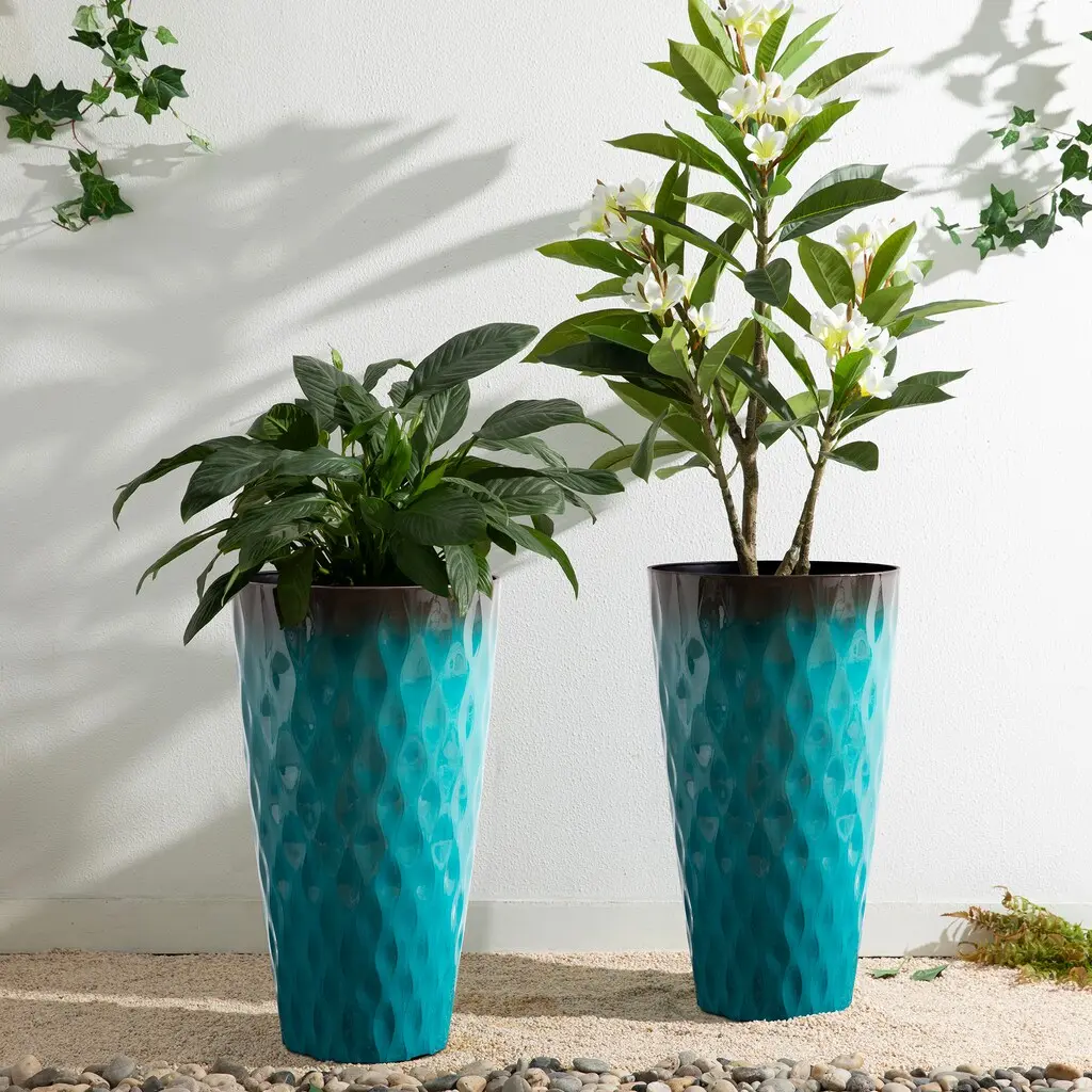 Glitzhome 23.75"H Set of 2 Oversized Wavy Texture Tall Plastic Planter