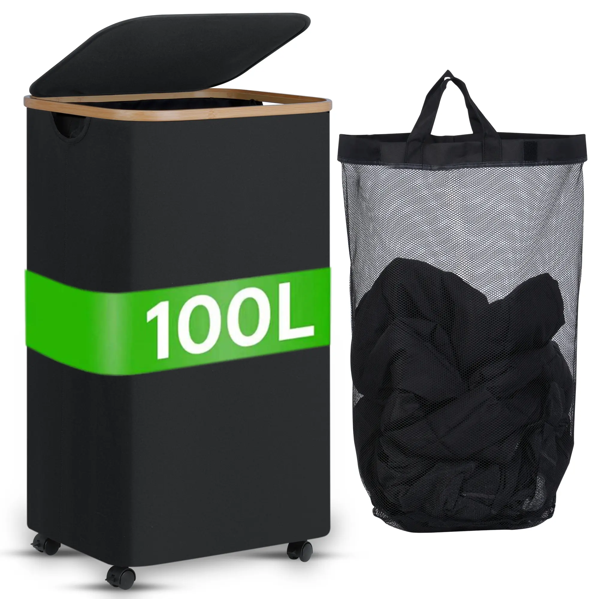 Large Capacity 100L Clothes Storage Basket with Lid, Portable Design, Bamboo Handle, Foldable Rectangular, Ideal for Bedroom and Bathroom, Laundry Hamper, Laundry Basket Organizer, Laundry Bin, Clothes Baskets