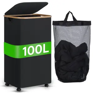 Large Capacity 100L Clothes Storage Basket with Lid, Portable Design, Bamboo Handle, Foldable Rectangular, Ideal for Bedroom and Bathroom