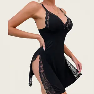 Deep V Lace Chemise Set - Sexy High-Slit Sleepwear for Spring-Summer Lounging | Romantic Lace House Dress | Women's therapy Lace Nightdress - Lounge Dress with Ventilated Slit Design | Summer Crush Loungewear | loungewearobsessed giftideas halter top |