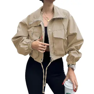 Women's Cropped Jacket Zip Up Lightweight Oversize Utility Coat with Pockets for Spring and Fall Wear Adjustable Drawstring Snap Button Zipper