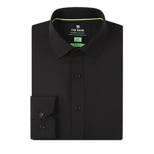 TOM BAINE The Original Stretch Black Long Sleeve Fitted Shirt for Men Modern Slim Fit Medium Length Plain Print Casual Tops Menswear