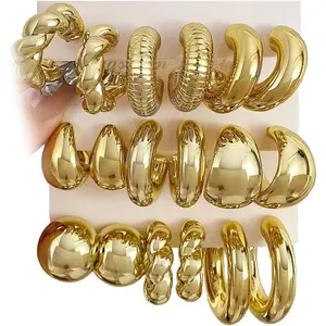24 Pairs Gold Hoop Earrings Set for Women Chunky Chain Twisted Open Hoops Dangle Earring Packs for Birthday Party Christmas Fashion Jewelry Gift