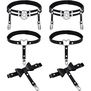 6 Pieces Thigh High Garter Belt Heart Star Shaped Butterfly Knot Punk Leg Garter with Anti Slip Clips Elastic Punk Gothic Adjustable Thigh Ring for Women