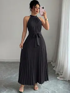 Summer Elegant Stand Collar Sleeveless Tie Waist Pleated Ruffle Midi Halter Dress, Pure Color, Women's Fashion Clothing