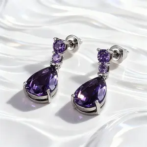 Dainty Purple Crystal Dangle Earrings for Women Elegant Daily Jewelry Lightweight Women's Accessories