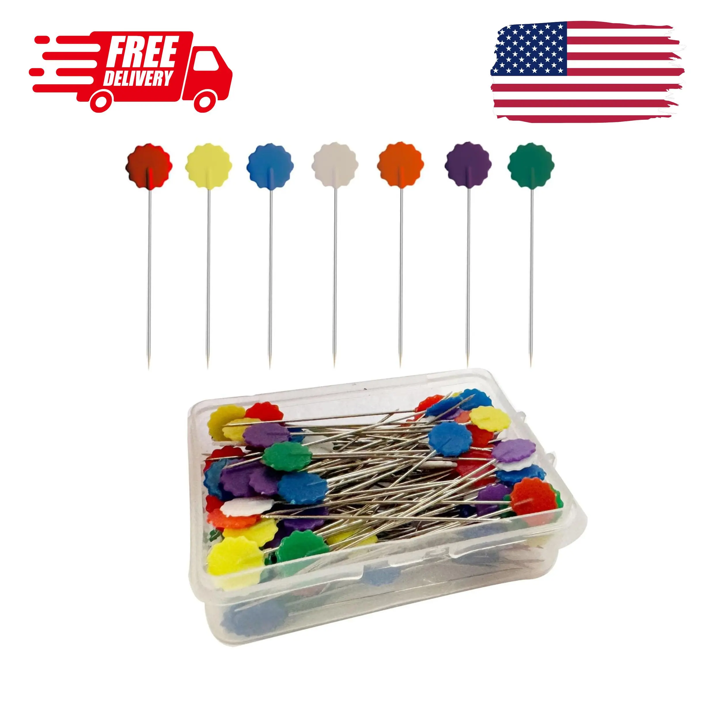 200Pcs Flat Head Sewing pins, Straight Pins with Flower Colored Heads, 2.16inch Quilting Pin