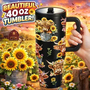 AuraCup 1pc 40oz Insulated Tumbler with Handle and Lid, Highland Cow Floral Farm Style Stainless Steel Travel Cup, Cowgirl Sunflower Design Coffee Mug, Double Wall Vacuum Tumbler for Hot Cold Drinks, Perfect Gift for Farm Lovers, Country Wester, Drinkware