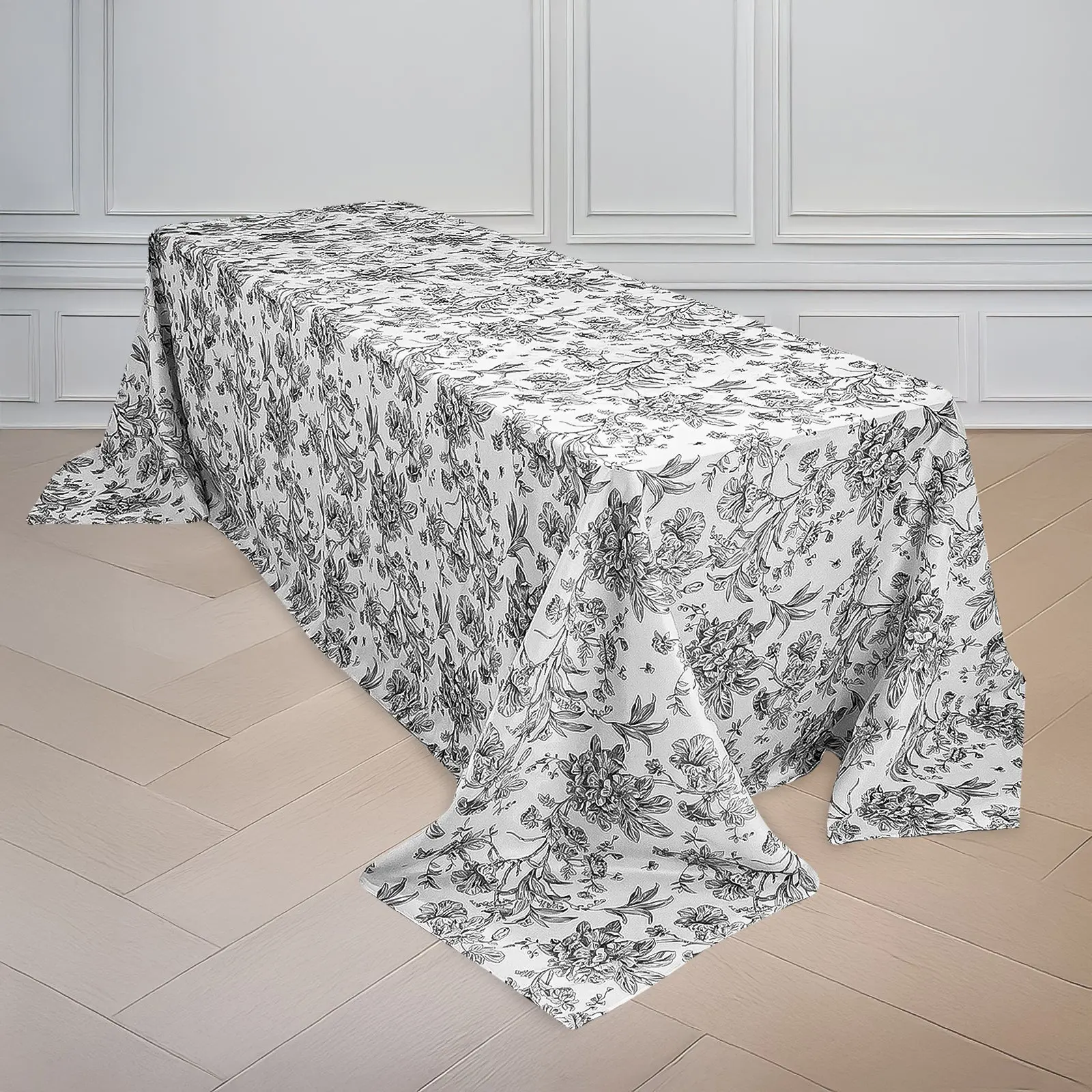 Polyester Rectangle Tablecloth, 90x132in White with Black French Toile Pattern - Seamless Outdoor Table Cover for Weddings, Chic Events