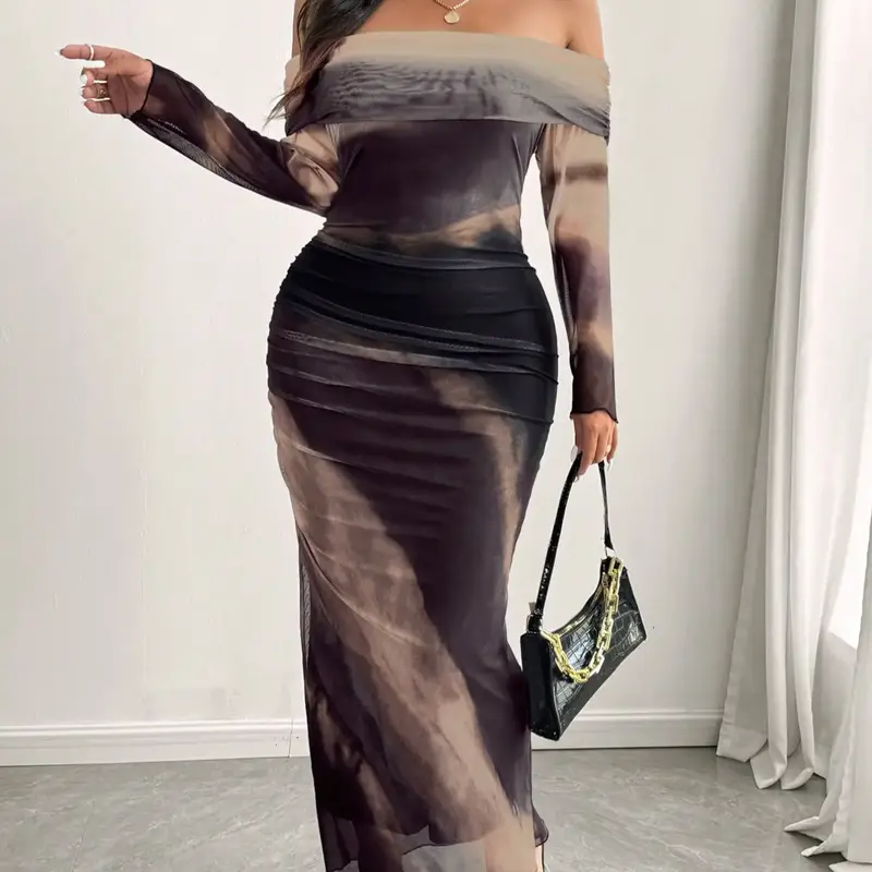 Plus Size Women's Tie Dye Print off Shoulder Long Sleeve Ruffle Maxi Dress, Fashion Fall, Casual Elegant Style