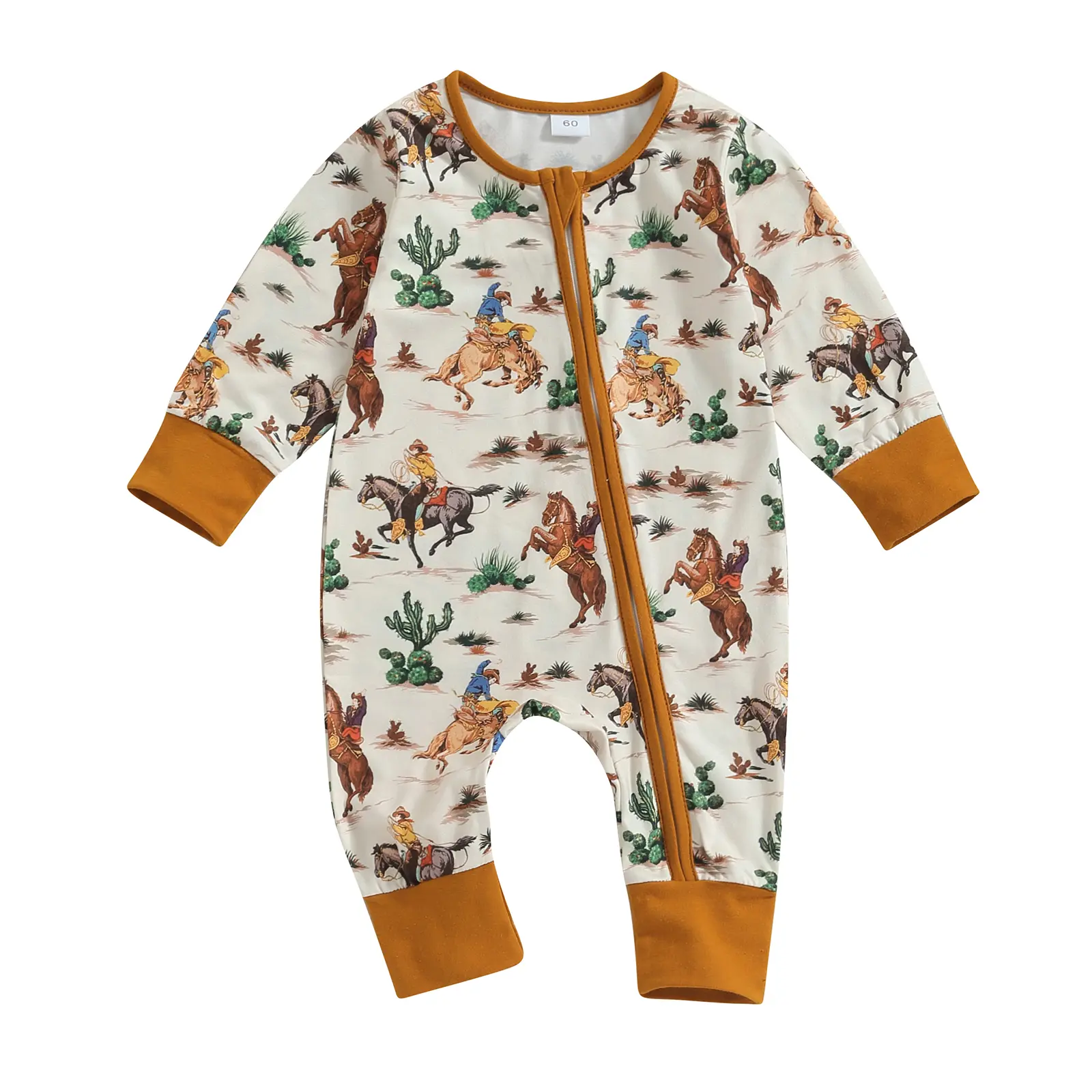 Western Baby Cowboy Clothes Neutral Zipped Fall Romper Outfit for Boy Girl Infant Lapel Cow/Horse Print Jumpsuit