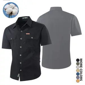 Men’s pure cotton work shirt — breathable, moisture-wicking, minimalist solid-color casual short-sleeve top with a chest pocket—suitable for outdoor hiking, fishing, work, and everyday casual wear.