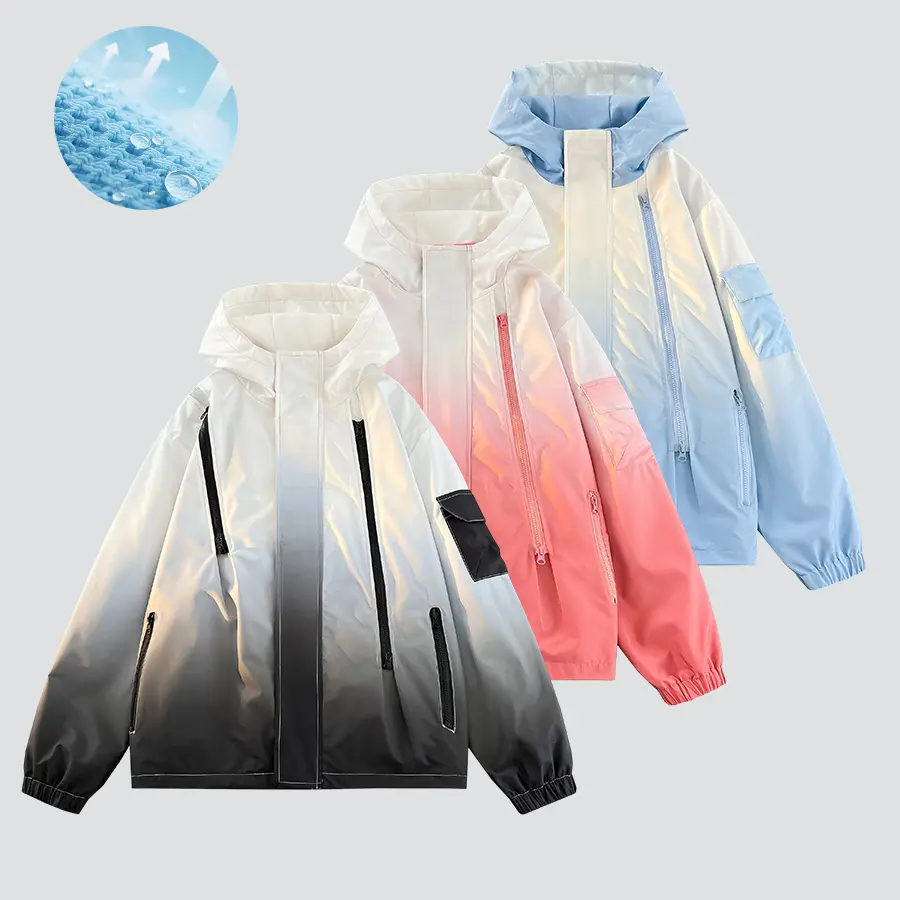 Men’s Gradient Hooded Windbreaker Coat - Long Sleeve, Loose Menswear Top, Multiple Zippered Pockets, Street-Style, Lightweight, Waterproof Outdoor Casual Outerwear