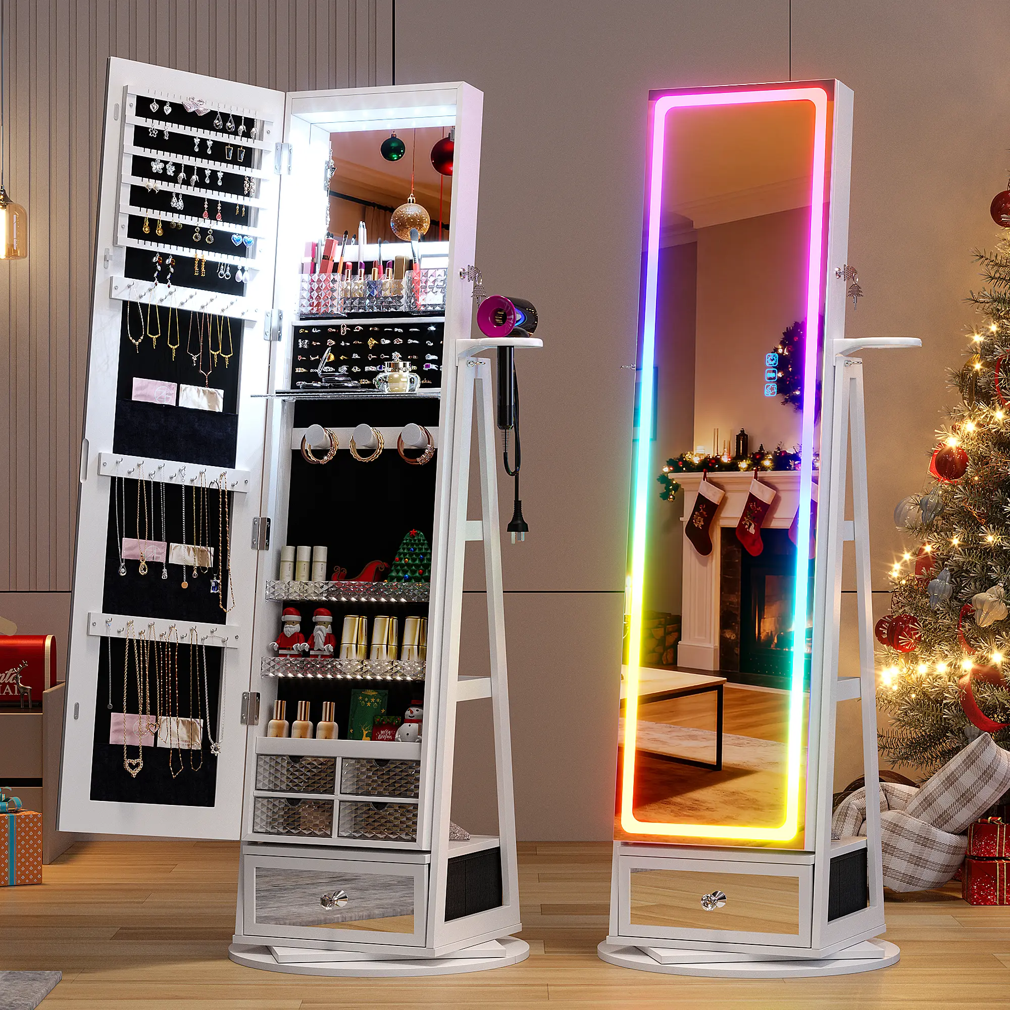 Jewelry Cabinet with LED Mirror, 360° Swivel & Remote Control, White Remote-controlled RGB LED Lighting, Spacious Storage with Shelves and Drawer