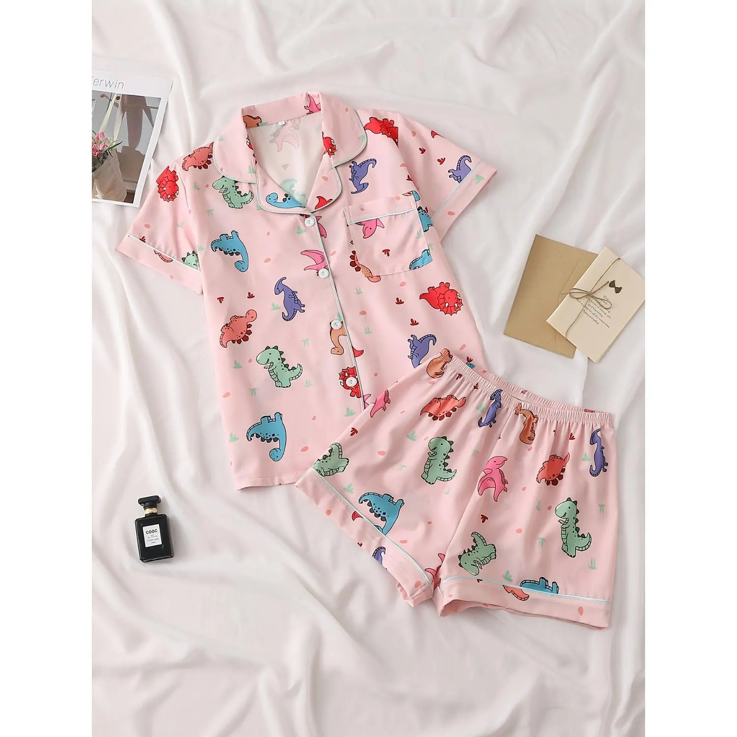 Women's 2-Piece Lightweight Satin Nightwear Set - Shortsleeve Stand-Collar Top, Cartoon Dinosaur Print Matching Shorts, Loungewear for Relaxing