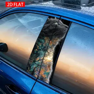 2 Sets Car B Pillar Stickers, Cat Forest Sunset HD Print, Self-Adhesive PVC, Waterproof, Scratch-Resistant, Vehicle Exterior Decor, Car Decals
