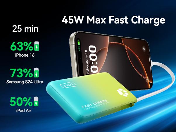 INIU PawGO 45W 10000mAh Power bank with Built-in USB C Cable, Slim PD Fast Charging Portable Charger Travel LED Display Light Battery Pack, External Phone Charge for iPhone 17 16 15 14 13 12 11 Series Samsung iPad Aipods Google Pixel Switch Perfect Gift