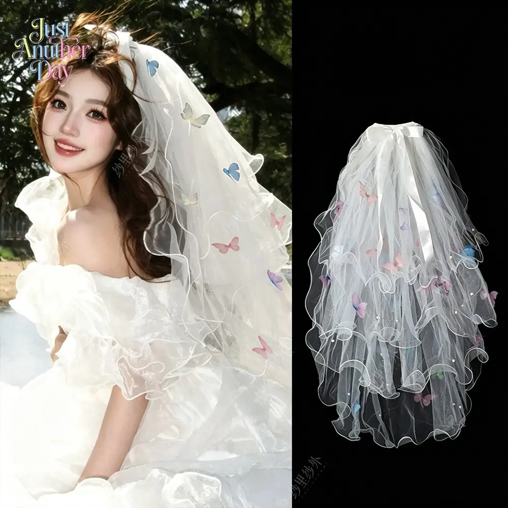Multicolor Butterfly Wedding Veil, Layered Puffy Tulle Bridal Headpiece, Super Fairy Short Veil for Registry, Wedding, Photography & Bridal Photoshoot