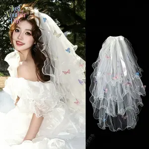 Multicolor Butterfly Wedding Veil, Layered Puffy Tulle Bridal Headpiece, Super Fairy Short Veil for Registry, Wedding, Photography & Bridal Photoshoot