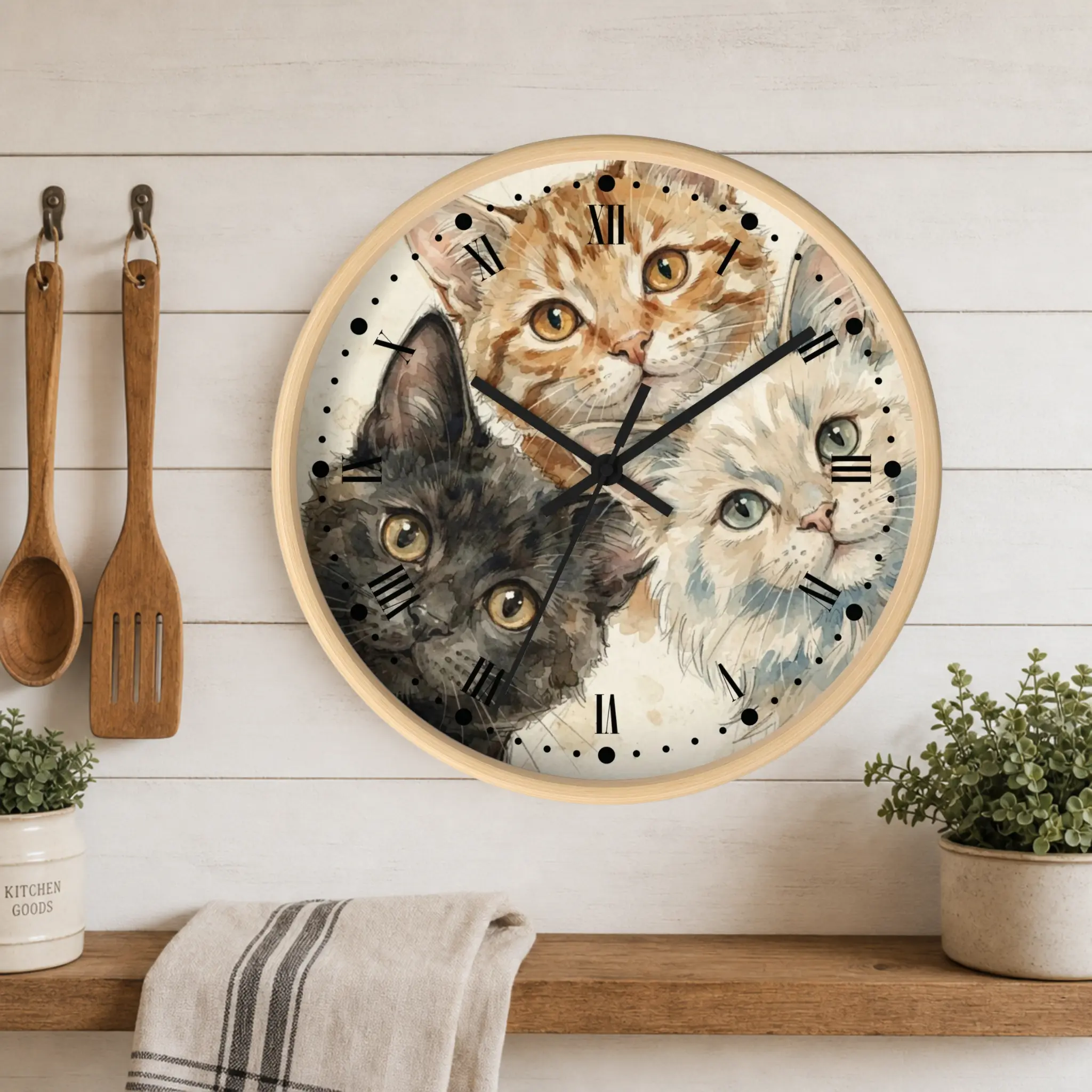 Cat Trio Wall Clock — Watercolor Kitten Decor for Cat Lovers