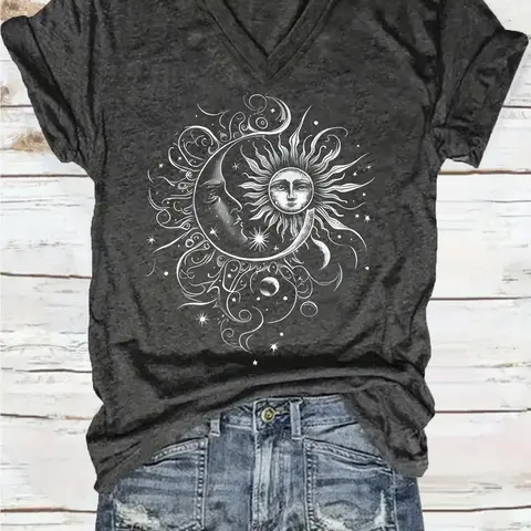Women's Summer Casual Loose-Fitting V Neck Short Sleeve Top, Casual Tops, Womenswear, Streetwear Artistic Sun Moon Print Vintage Style, Casual Chic Minimalist, Casual Stylish Tee, Comfortable Breathable S-Xxl, Casual Comfy Tee