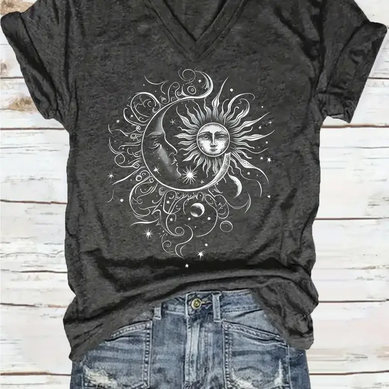 Women's Summer Casual Loose-Fitting V Neck Short Sleeve Top, Casual Tops, Womenswear, Streetwear Artistic Sun Moon Print Vintage Style, Casual Chic Minimalist, Casual Stylish Tee, Comfortable Breathable S-Xxl, Casual Comfy Tee
