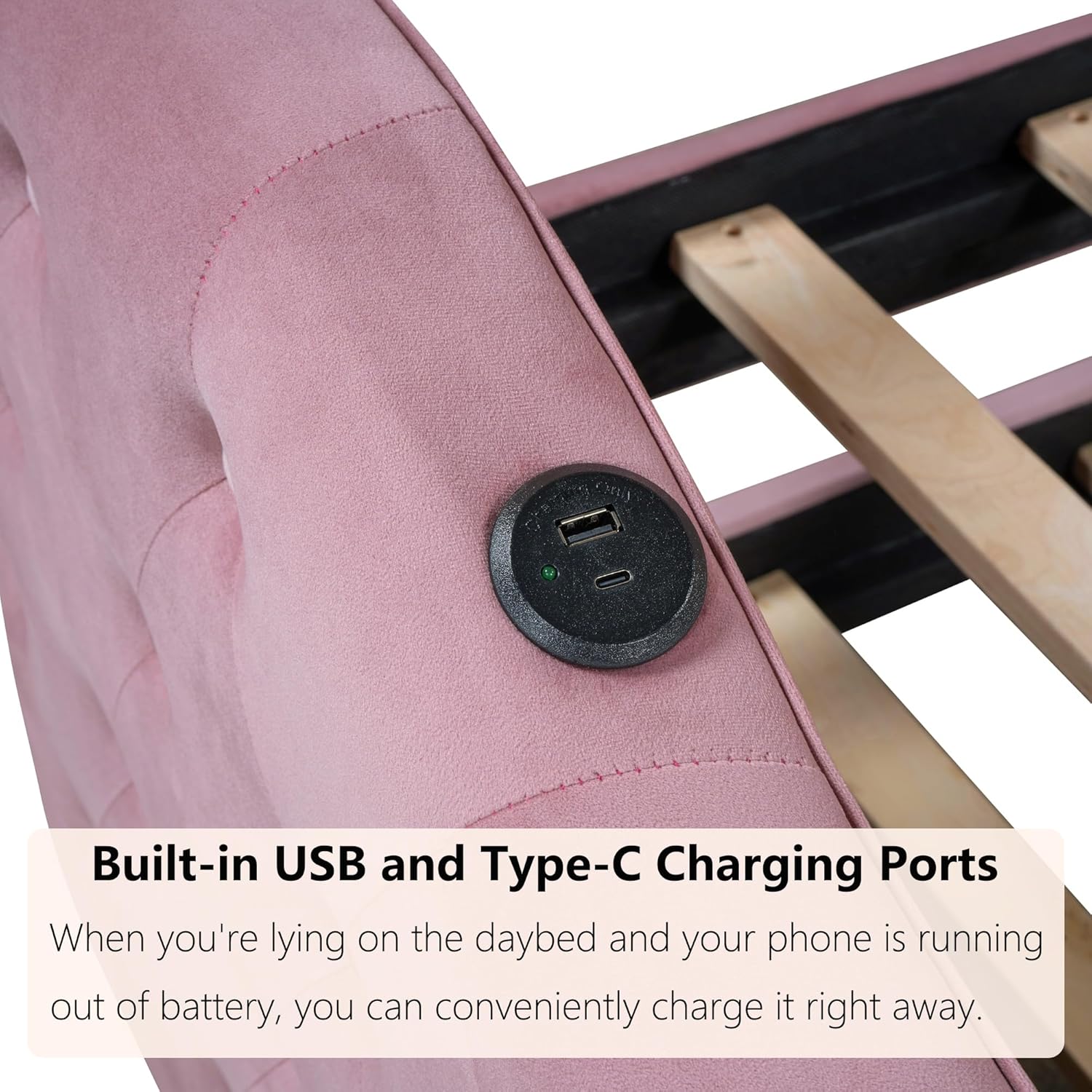 Upholstered Daybed and Trundle, Velvet Modern Button Tufted Twin Size Daybed Frame with USB&Type-C Charging Ports, Daybed Sofa Bed with Wood Slat Support, for Bedroom Living Room Guest Room (Pink)