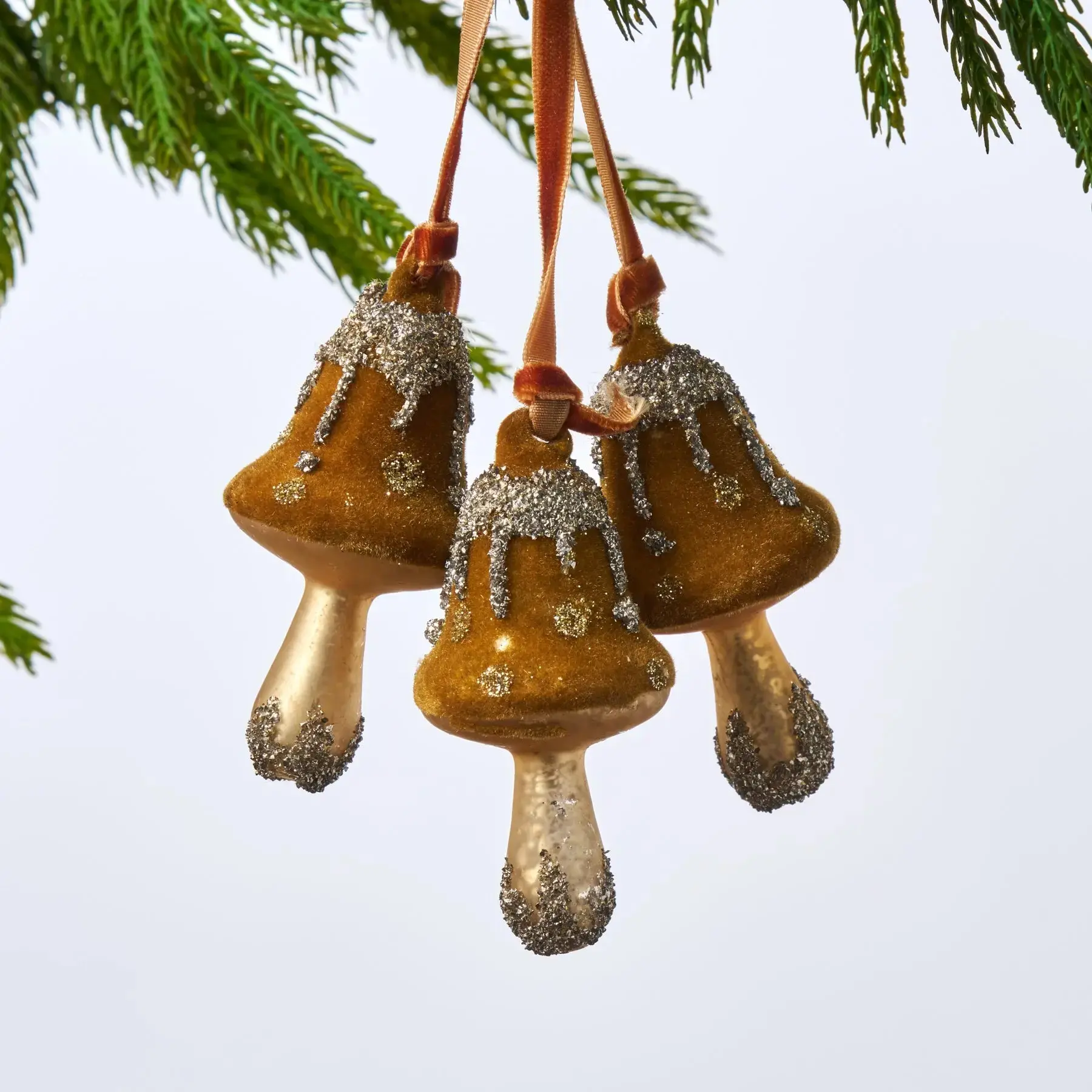 Triple Set 6.5" D Aged Moss Brown Glittered Triple Glass Hangable 3-Dimensional Imported Mushroom Ornaments - Christmas Home Festive Tree Decorations, Holiday, Three-Dimensional