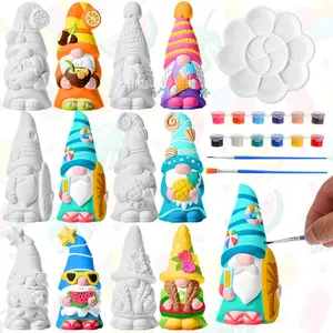 6 Pcs Summer Ceramics to Paint Ready to Paint Your Own Gnome Statues 5.12 Beach Theme Paintable Figurines DIY Unpainted Ceramics Plaster Crafts Kit with Brush Palette
