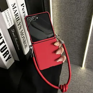 Korean Wine Red Toothpick Pattern Phone Case With Knot Leather Rope for Samsung Galaxy Z Flip7 Z Flip6 Flip5 Trendy Back Cover