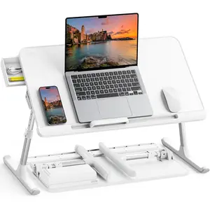 Laptop Bed Tray Table, Adjustable PVC Leather Laptop Bed Table, Portable Standing Desk with Storage Drawer, Foldable Lap Tablet Table for Sofa Couch Floor (Large,White)