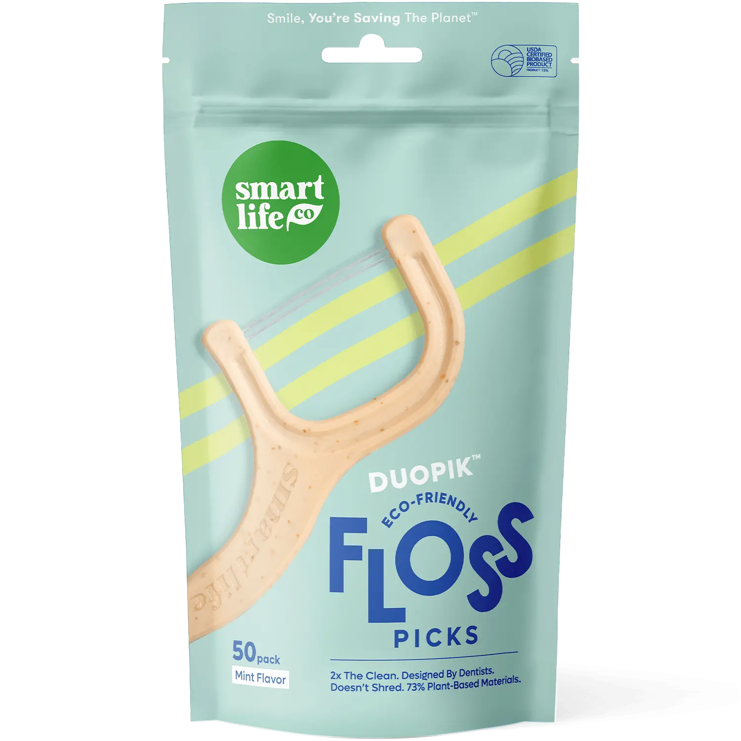 Eco-Friendly Floss Picks – Anti-Shred Dental Flossers For Adults & Kids,  Sustainable, Toothpick End, Vegan & PFA Free, Mint 50pk