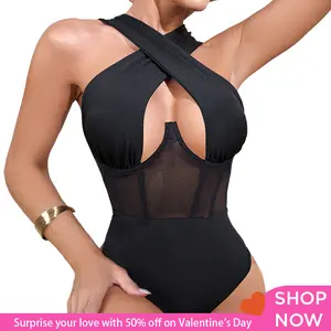 GBELLA Black White Bodysuit Crisscross Halter Shapewear with Mesh & Heart Cut-Out Sleeveless Slim Fit Top V-neck Fringe Comfort Womenswear Summer Must-Have Vacation Outfit Women’s Fashion Bodysuit One-Piece Womenswear,Casual Dresses