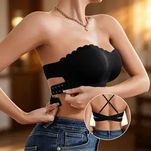 Women's Essential Strapless Strip Buckle Bandeau Bra - Adjustable, Non-Slip, Push-Up, Cross-Side Support, Seamless, Underwire-Free, Breathable Bralette for Evening Wear