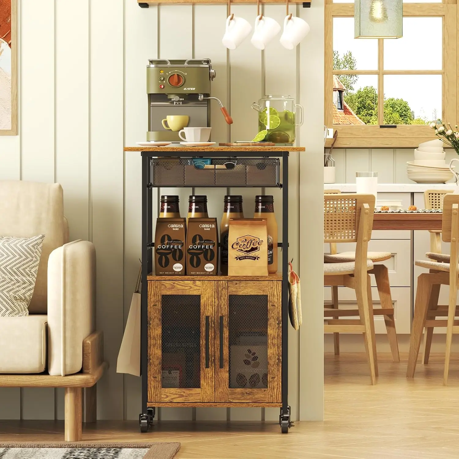 3 Tier Slim Rolling Coffee Cart with 2-Door Cabinet - Microwave Cart Storage Stand with Pull-Out Wire Basket Drawer & Lockable Casters Rustic Brown