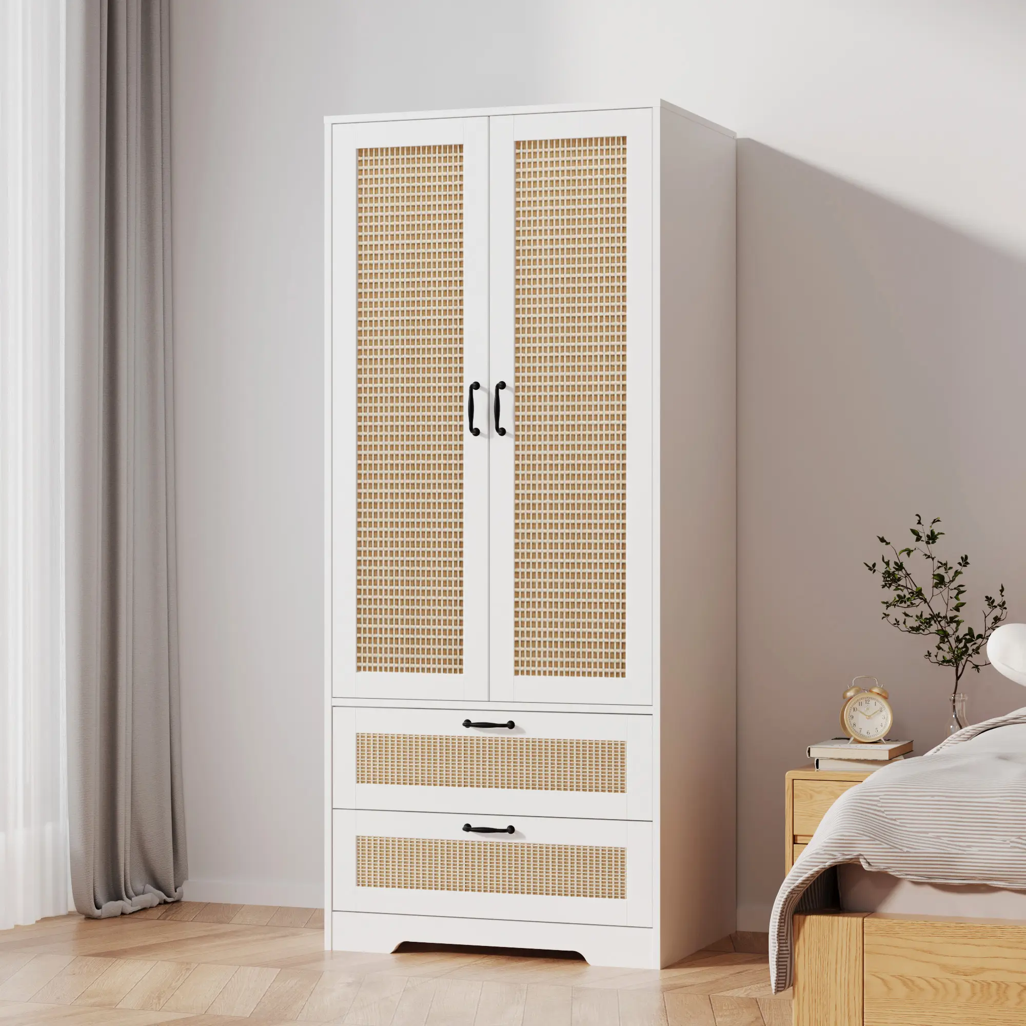 Wooden Wardrobe Cabinet With Hanging Rod,Freestanding Modern Clothing Storage Cabinets With 2 Rattan Doors,Armoire Wardrobe Closet With 2 Rattan Drawers For Bedroom,Living Room,Laundry Room And Cloak Room, Black/White/Natural