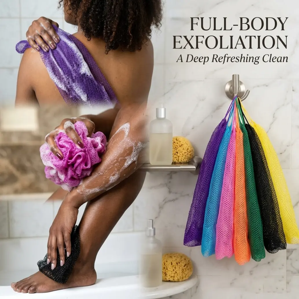 Exfoliating bath sponge - an ultra-long body cleaning brush that provides deep cleansing and removes dead skin. The quick-drying design makes the skin smooth and delicate.