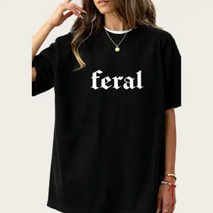 Women's "FERAL" Slogan Print Round Neck Tee, Fashion Casual Crew Neck Drop Shoulder Fitted T-Shirt for Daily Holiday Vacation Outdoor Wear, Ladies Clothes for All Seasons