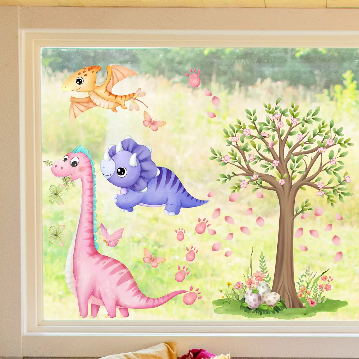 A set (30*40cm*2 pieces) of colorful dinosaur, big tree, flower and butterfly 2D flat window stickers, static glass stickers for window decoration, D18577