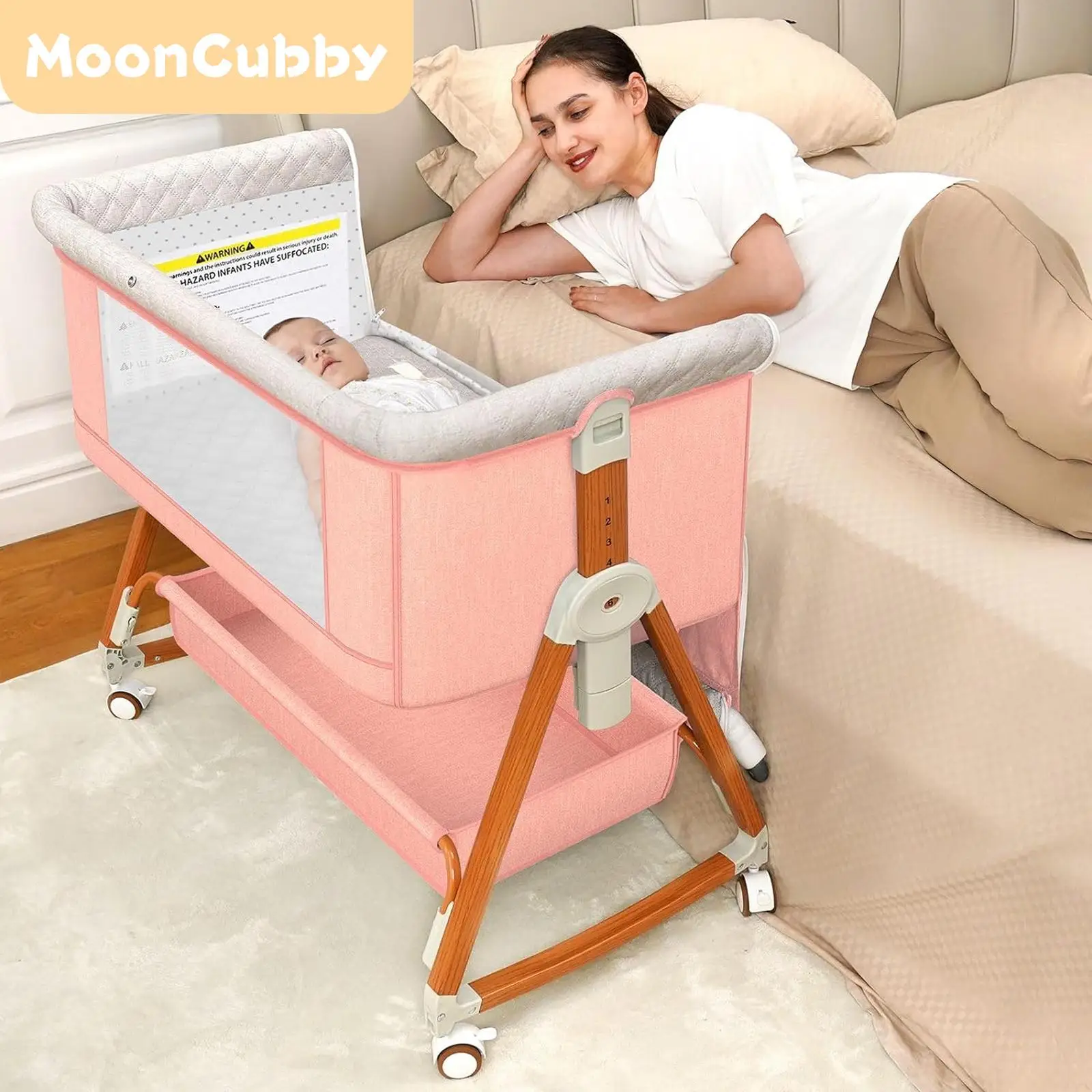 Baby Bassinet Sleeper, 6 Height Adjustable Baby Crib for Baby, Easy to Fold Portable Crib Side Bassinet, Rocking Bassinets Bedside Sleeper with Breath