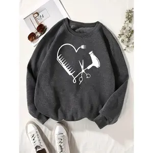 Women's Hairdresser Themed Graphic Print Crew Neck Long Sleeve Sweatshirt - Stylist Beautician Barber Design Fashion Casual Streetwear Top Womenswear Hoodie Pullover Black Crewneck Fitted